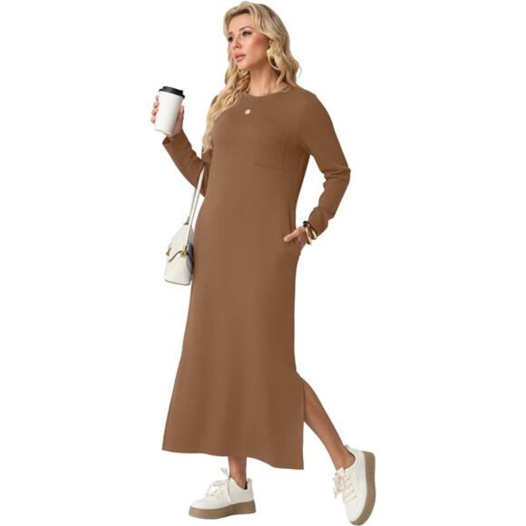 Women's Casual Round Neck Long Sleeve Loose Split Long Maxi Dress with Pockets - Picture 5 of 6